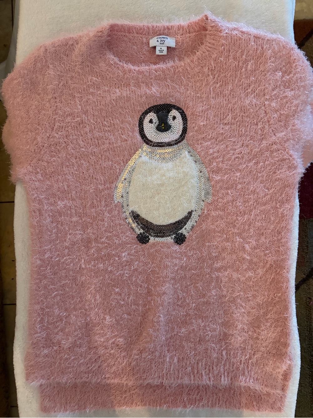 crown & ivy Pink Fuzzy Penguin Sequin Sweater Top